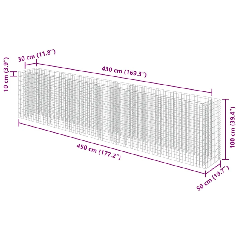 vidaXL gabions, augstā puķu kaste, cinkots tērauds, 450x50x100 cm