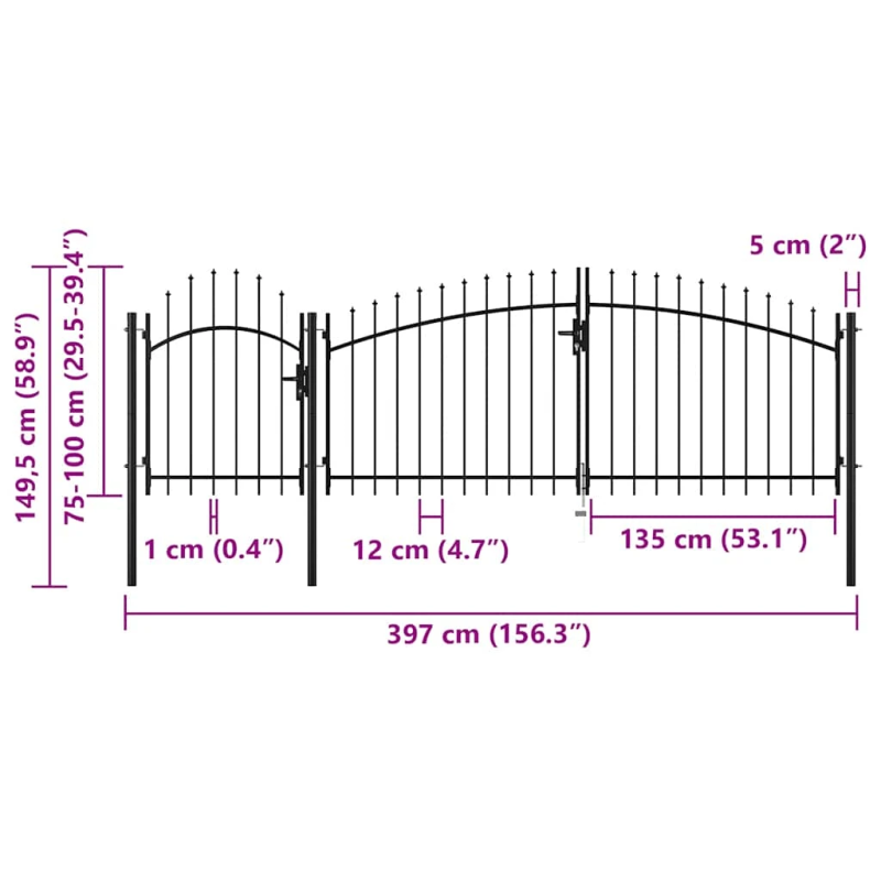 vidaXL dārza vārti, melni, 1,5x4 m, tērauds