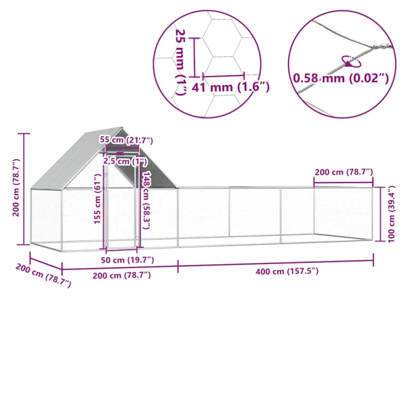 vidaXL vistu būris, 6x2x2 m, cinkots tērauds