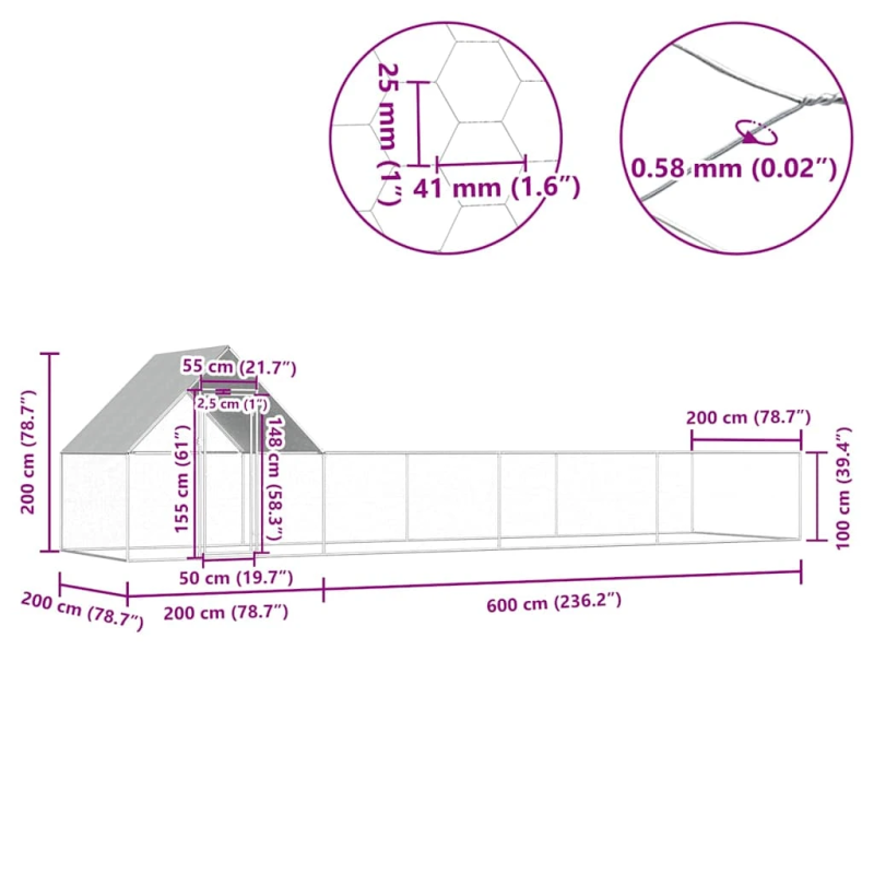 vidaXL vistu būris, 8x2x2 m, cinkots tērauds