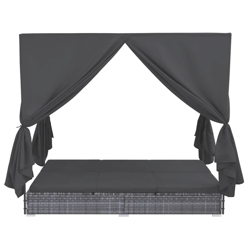 vidaXL dārza atpūtas gulta ar aizkariem, pelēka PE rotangpalma