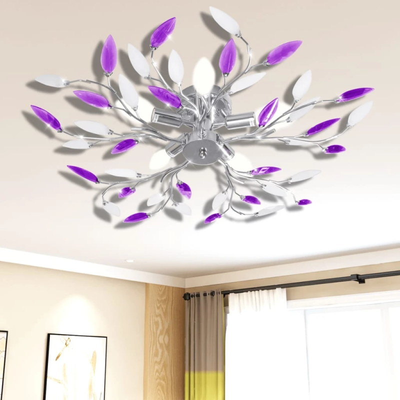 Griestu lampa ar akrila kristālu lapām 5 E14 spuldzēm, violeta, balta