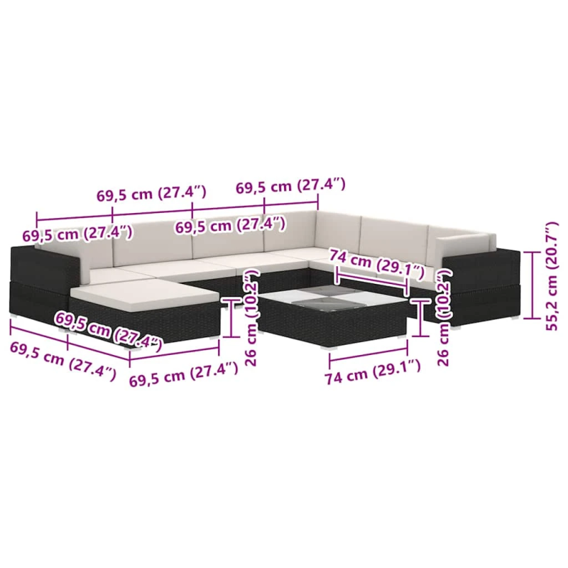 vidaXL 8-daļīgs dārza atpūtas mēbeļu komplekts ar matračiem, PE, melns