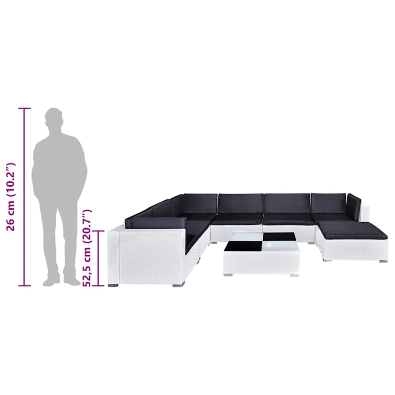 vidaXL 8-daļīgs dārza atpūtas mēbeļu komplekts ar matračiem, PE, balts