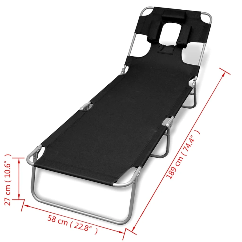 vidaXL saliekams sauļošanās zvilnis ar galvas spilvenu, tērauds, melns