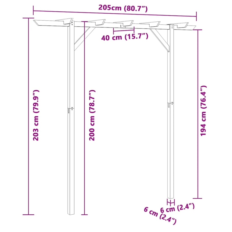 vidaXL dārza pergola, 205x40x203 cm, koks