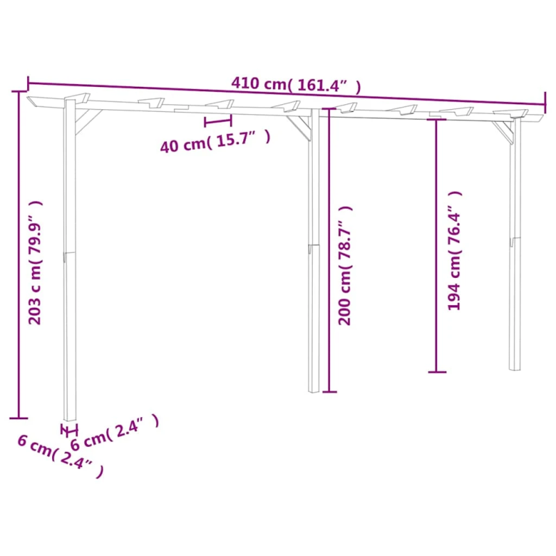 vidaXL dārza pergola, 410x40x203 cm, koks