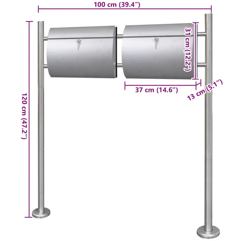 vidaXL dubultā pastkaste ar statīvu, nerūsējošs tērauds