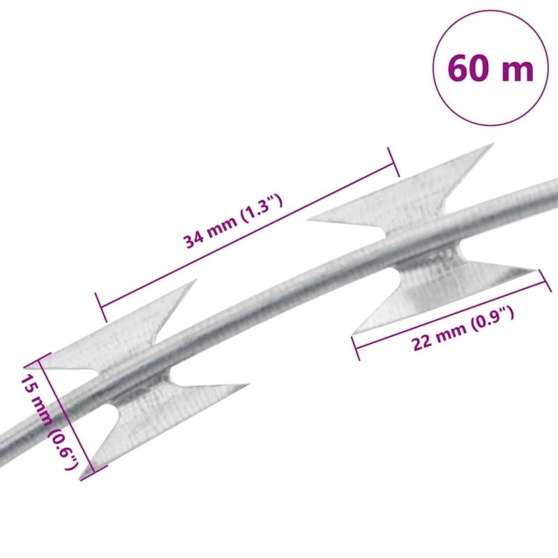 vidaXL spirālveida dzeloņstieple BTO-22, cinkots tērauds, 60 m