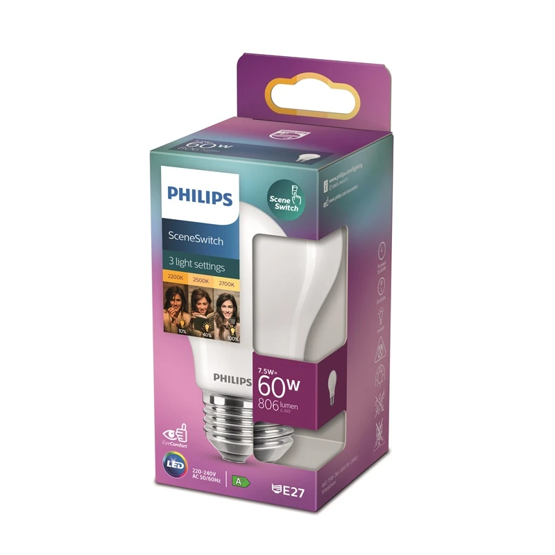 LED spuldze PHILIPS. E27. 6.5 W. 80–806 lm. 2200–2700 K