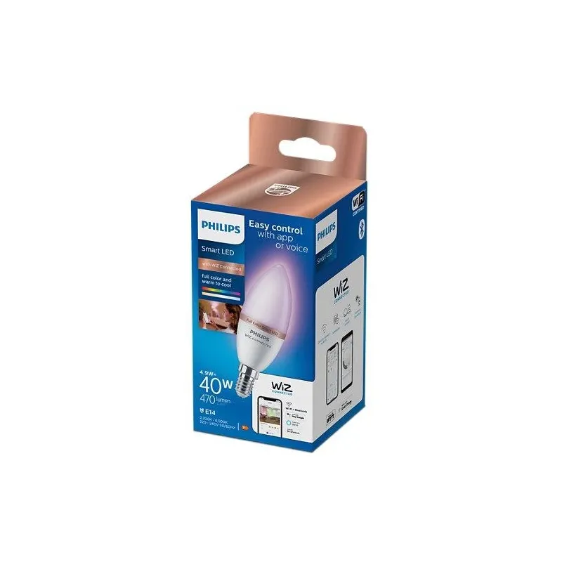 Viedā spuldze Philips Wiz LED, C37, 2200 - 6500 °K, E14, 4.9 W, 470 lm