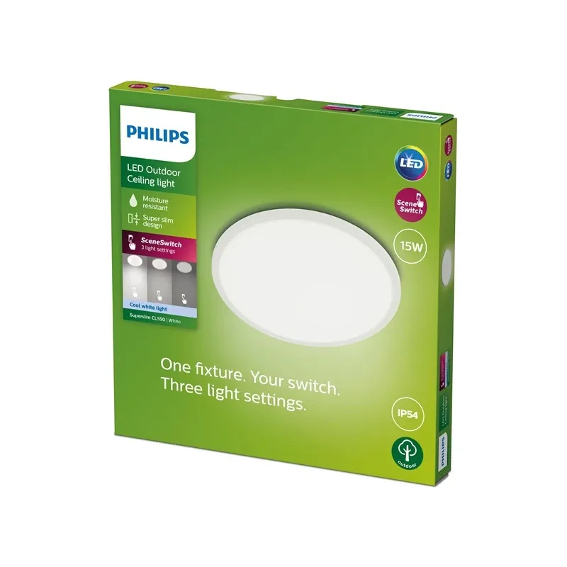 Āra griestu lampa Philips SuperSlim, 15W, LED, IP54, balta krās., 25 cm x 2.3 cm