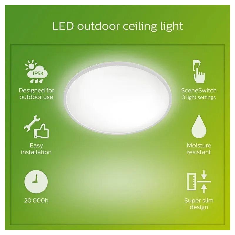 Уличный потолочный светильник Philips SuperSlim, 15Вт, LED, IP54, белый цв., 25 см x 2.3 см