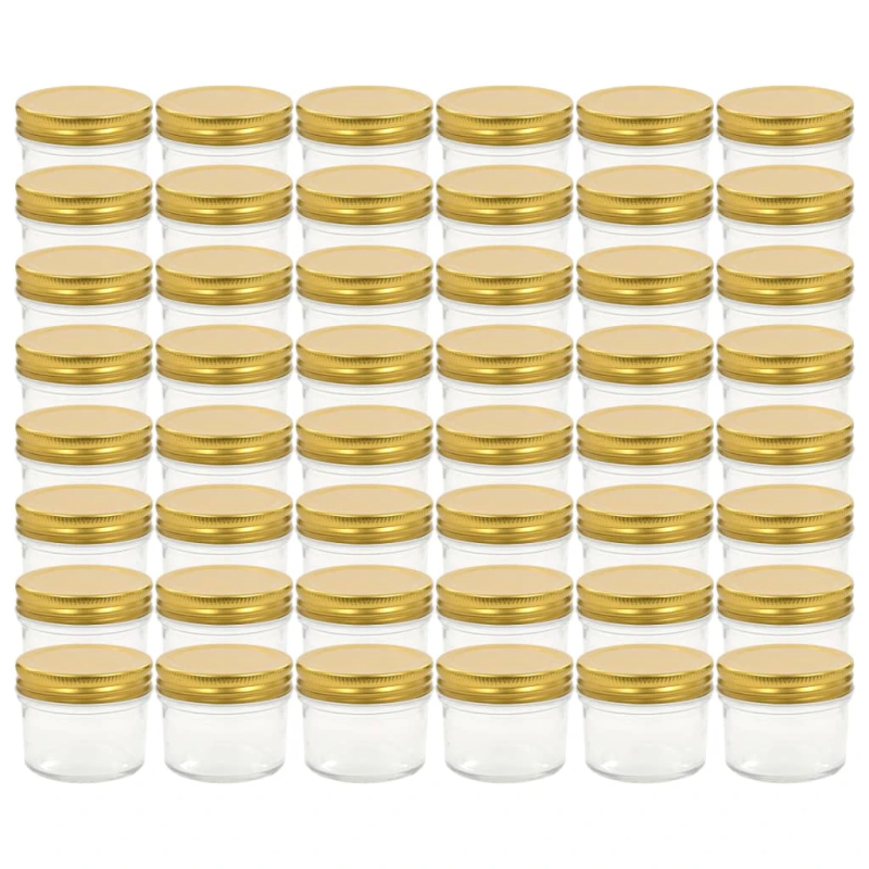 vidaXL ievārījuma burciņas, zelta krāsas vāciņi, 48 gab., 110 ml