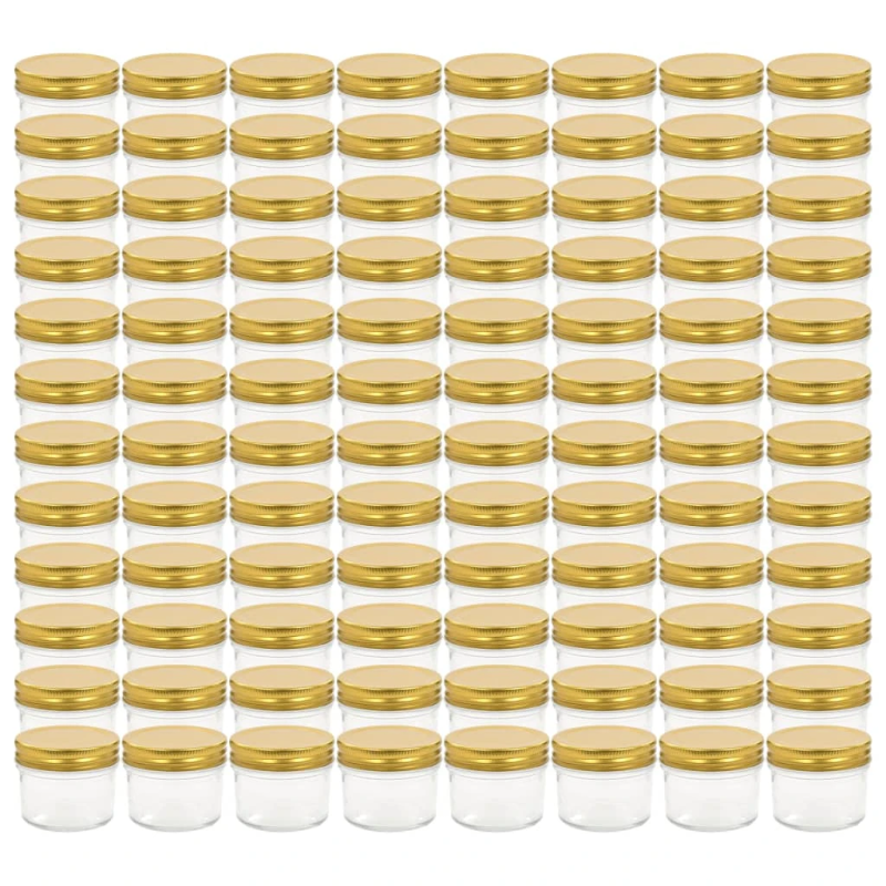 vidaXL ievārījuma burciņas, zelta krāsas vāciņi, 96 gab., 110 ml