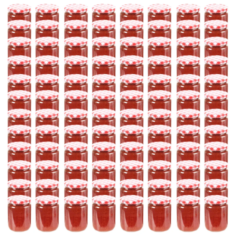 vidaXL ievārījuma burciņas, balti sarkani vāciņi, 96 gab., 230 ml