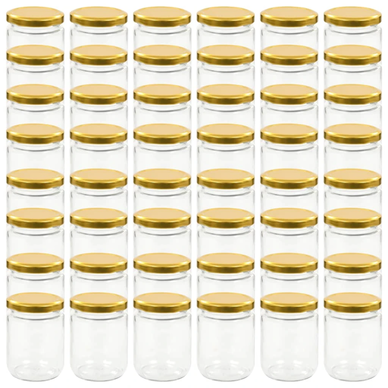 vidaXL ievārījuma burciņas, zelta krāsas vāciņi, 48 gab., 230 ml