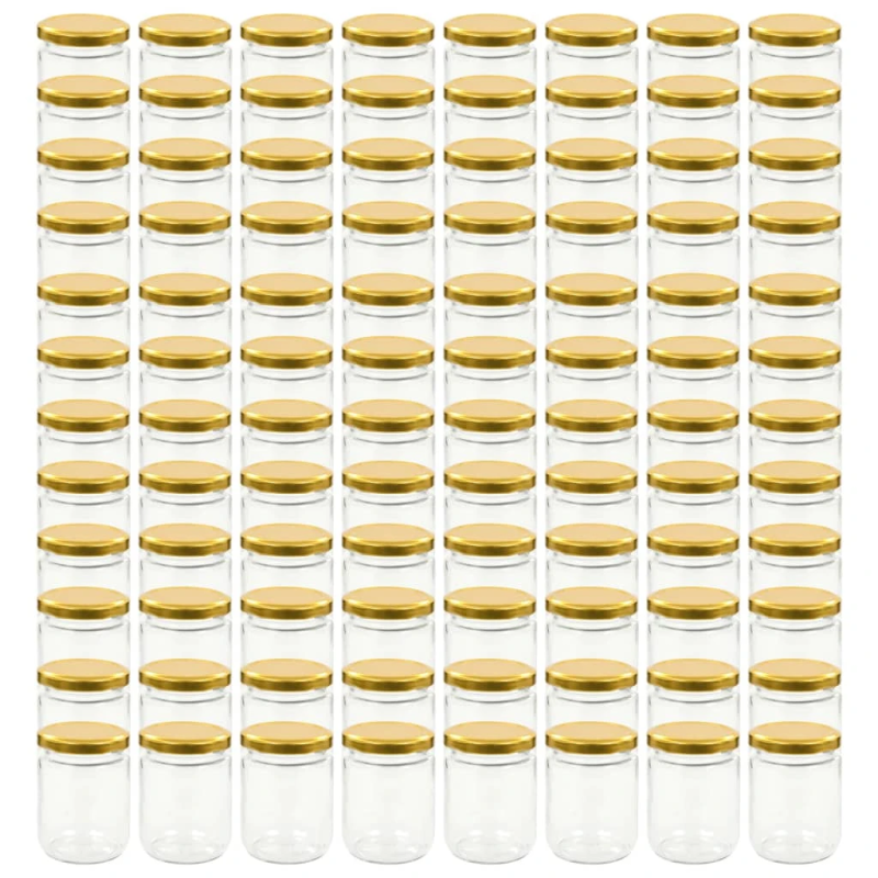 vidaXL ievārījuma burciņas, zelta krāsas vāciņi, 96 gab., 230 ml