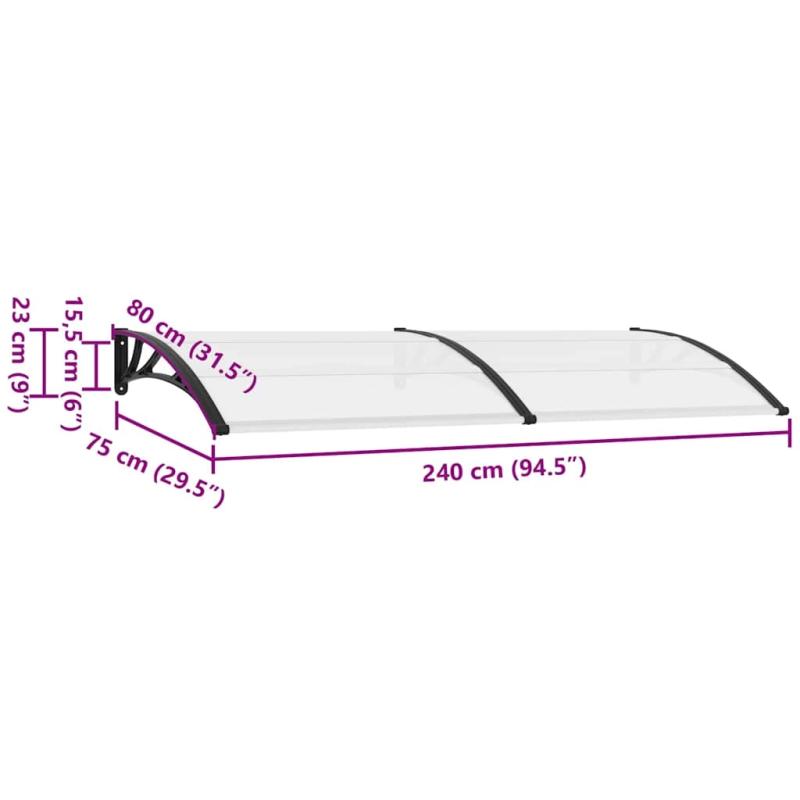 vidaXL durvju jumtiņš, melns un caurspīdīgs, 240x75 cm, PC