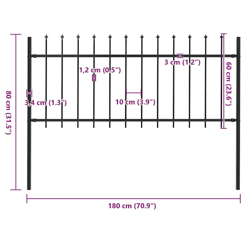 vidaXL dārza žogs ar šķēpu galiem, tērauds, 181x80 cm, melns