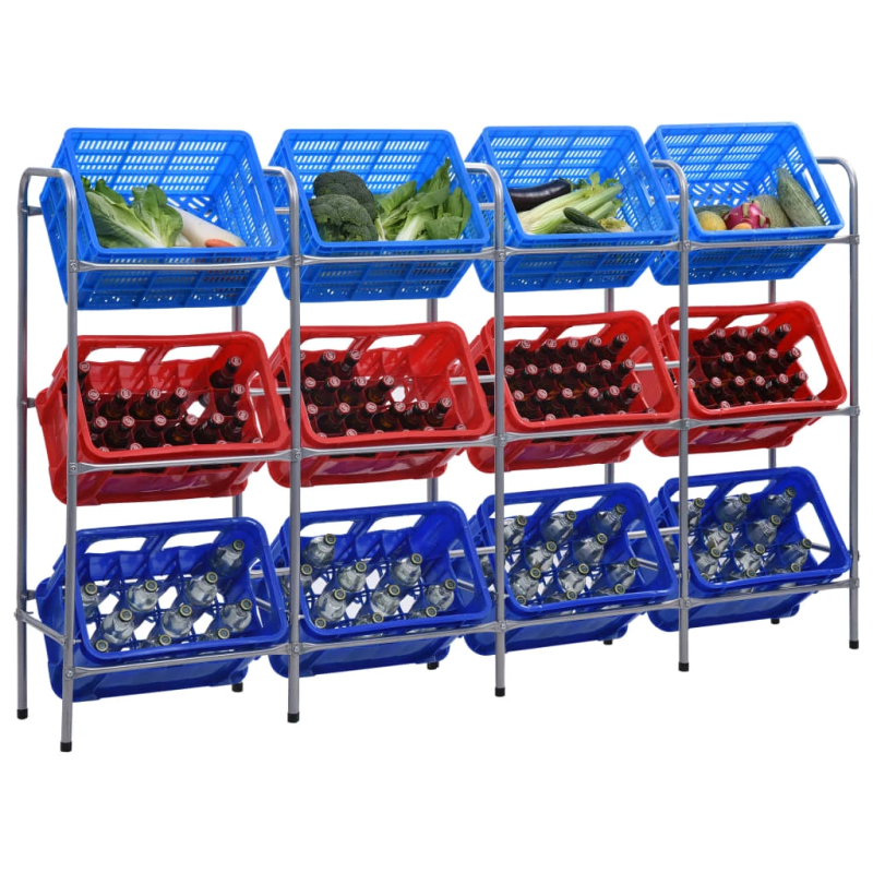 vidaXL uzglabāšanas plaukts 12 kastēm, sudraba krāsa, 190x33x116 cm