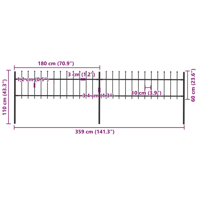 vidaXL dārza žogs ar šķēpu galiem, tērauds, 359x60 cm, melns