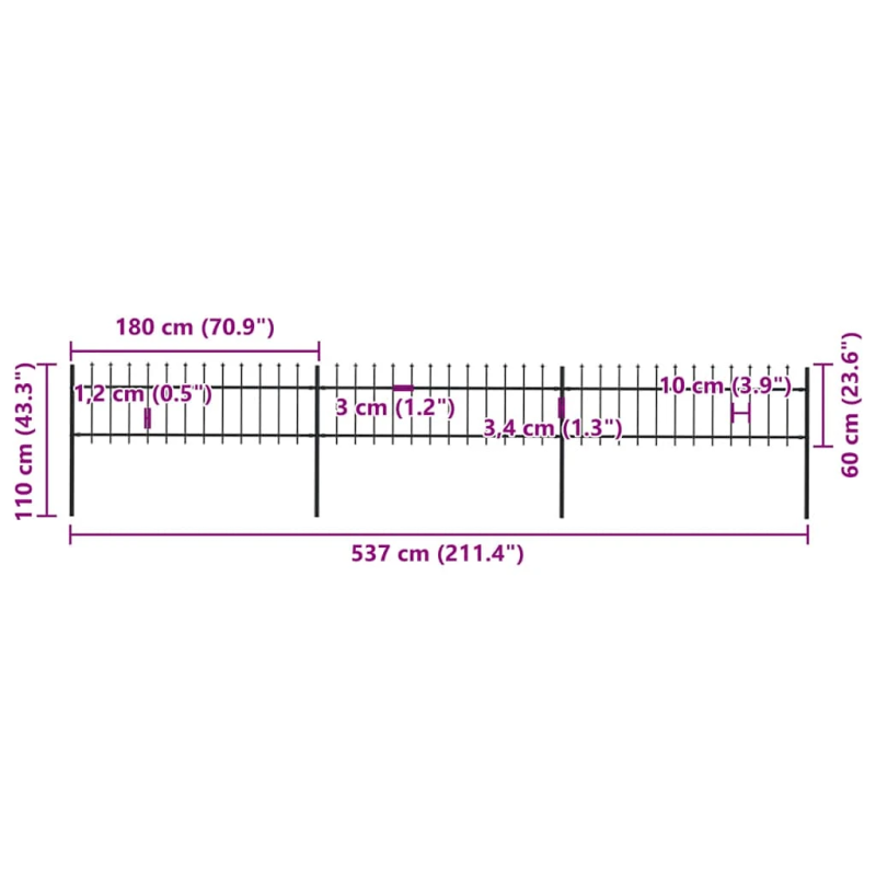 vidaXL dārza žogs ar šķēpu galiem, tērauds, 537x60 cm, melns