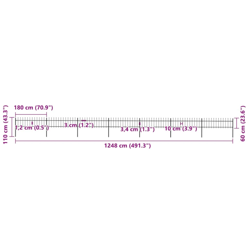 vidaXL dārza žogs ar šķēpu galiem, tērauds, 1248x60 cm, melns