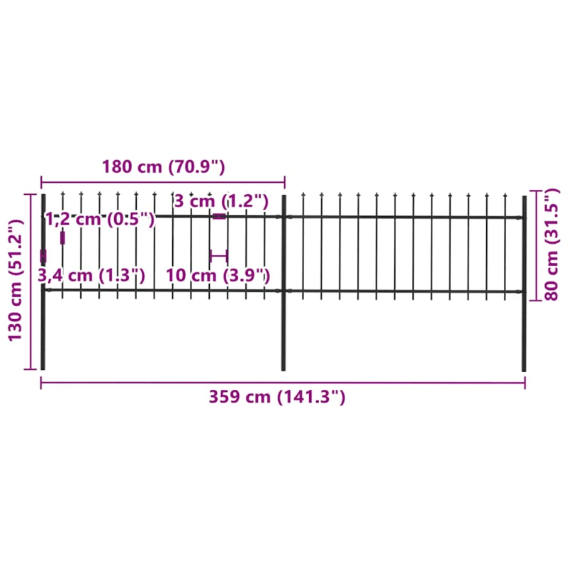 vidaXL dārza žogs ar šķēpu galiem, tērauds, 359x80 cm, melns