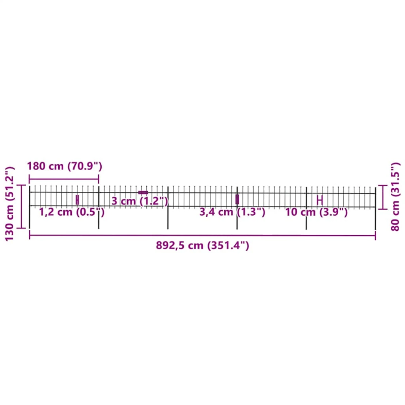 vidaXL dārza žogs ar šķēpu galiem, tērauds, 892,5x80 cm, melns