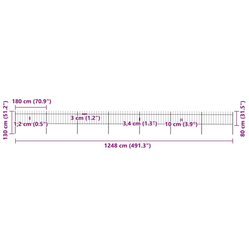 vidaXL dārza žogs ar šķēpu galiem, tērauds, 1248x80 cm, melns