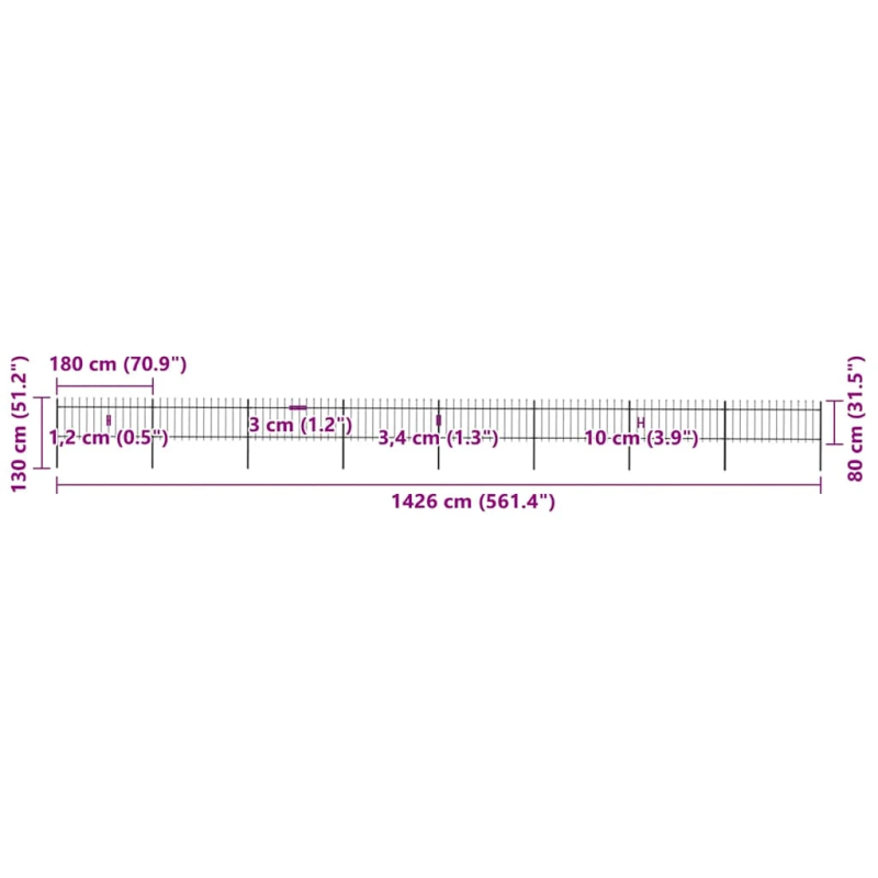 vidaXL dārza žogs ar šķēpu galiem, tērauds, 1426x80 cm, melns