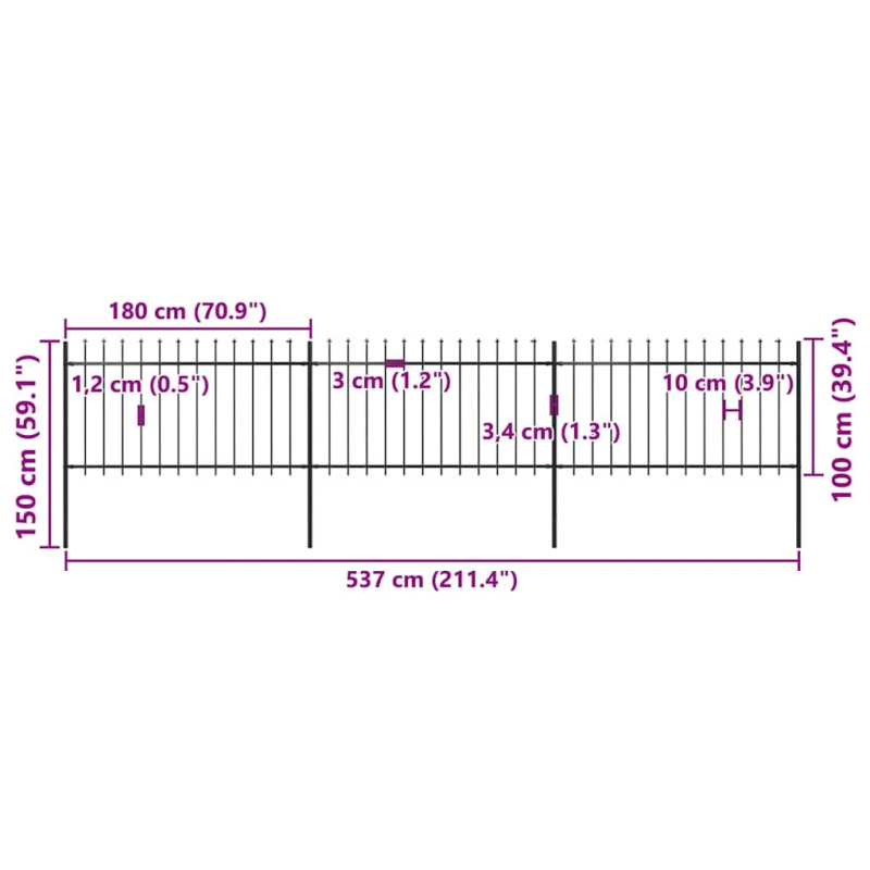 vidaXL dārza žogs ar šķēpu galiem, tērauds, 537x100 cm, melns