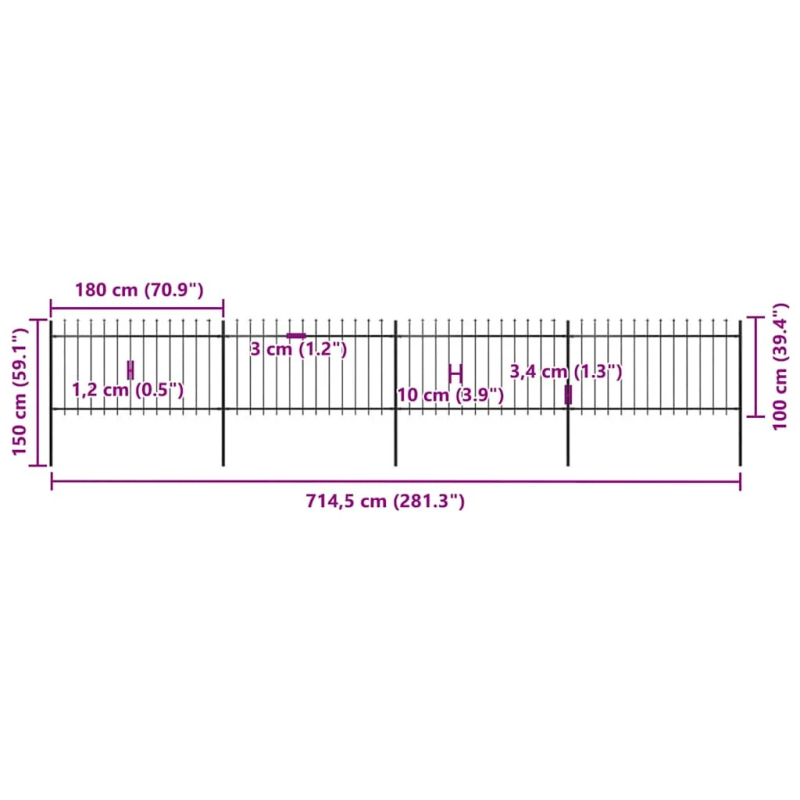 vidaXL dārza žogs ar šķēpu galiem, tērauds, 714,5x100 cm, melns