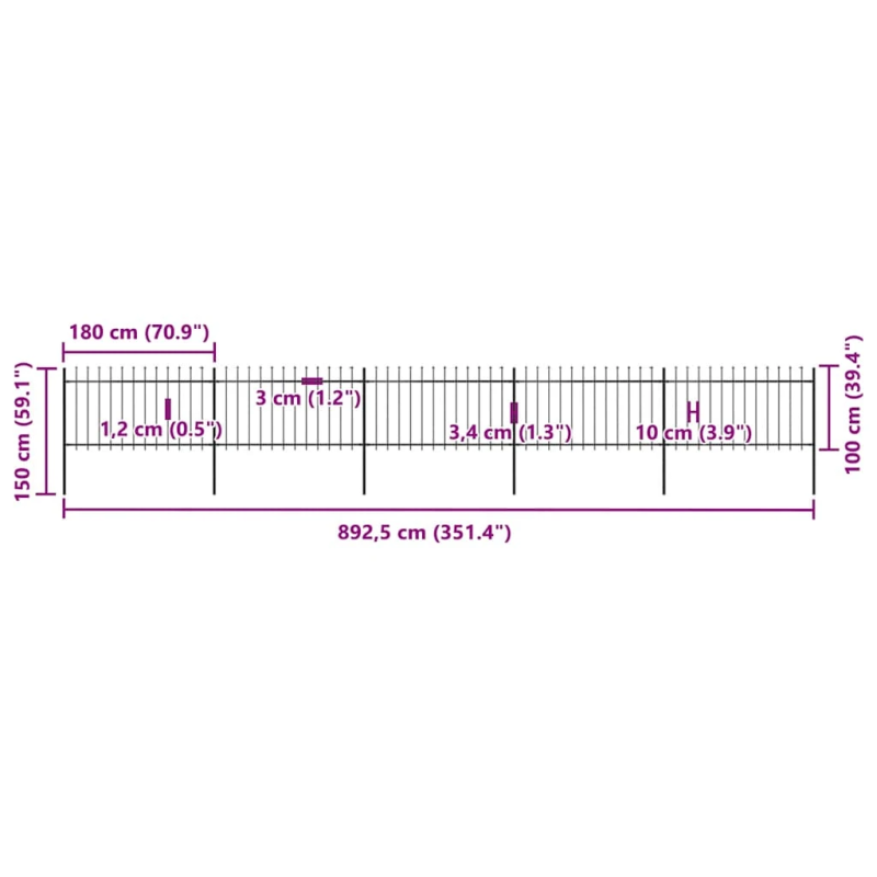 vidaXL dārza žogs ar šķēpu galiem, tērauds, 892,5x100 cm, melns