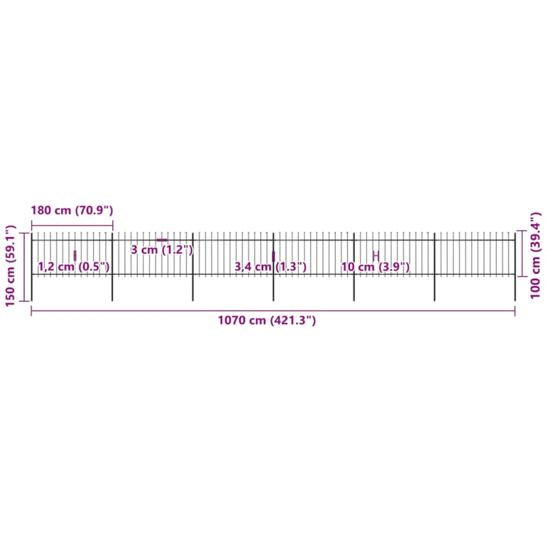 vidaXL dārza žogs ar šķēpu galiem, tērauds, 1070x100 cm, melns