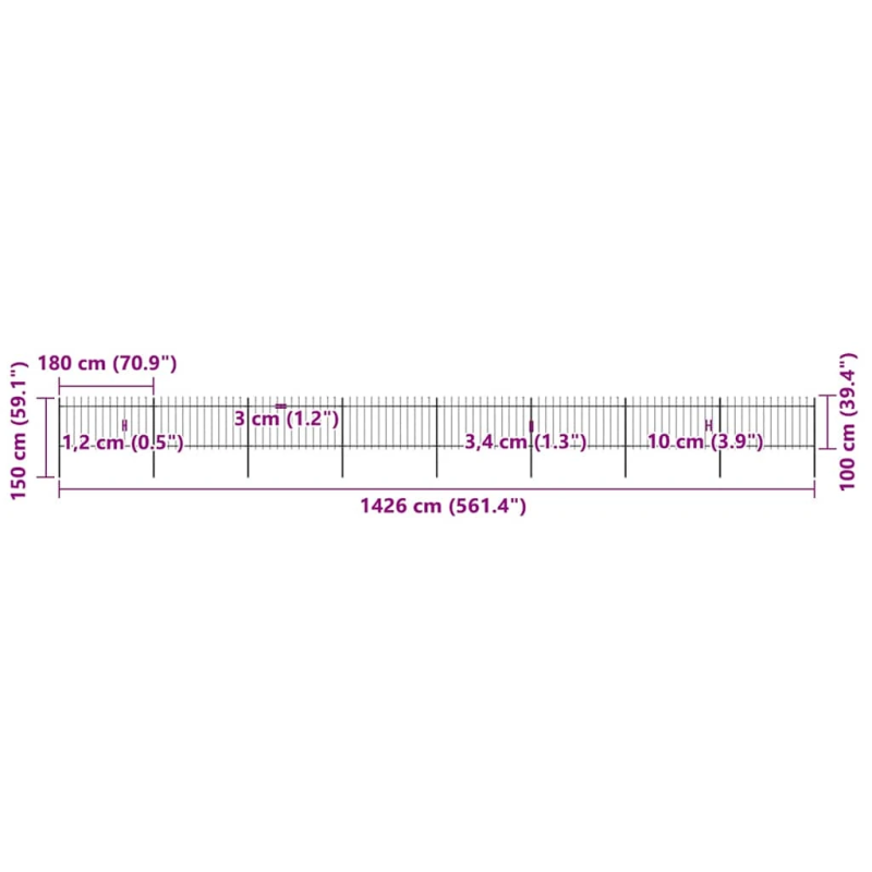 vidaXL dārza žogs ar šķēpu galiem, tērauds, 1426x100 cm, melns