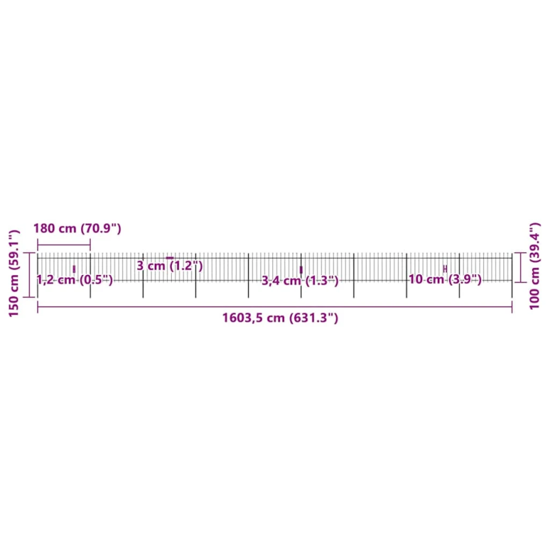 vidaXL dārza žogs ar šķēpu galiem, tērauds, 1603,5x100 cm, melns