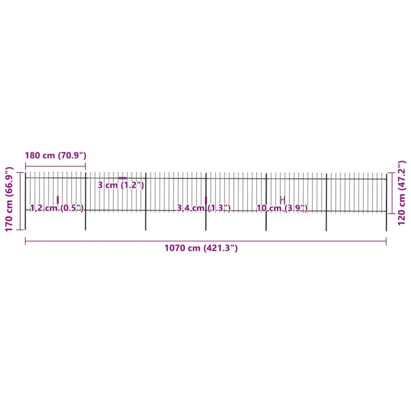 vidaXL dārza žogs ar šķēpu galiem, tērauds, 1070x120 cm, melns