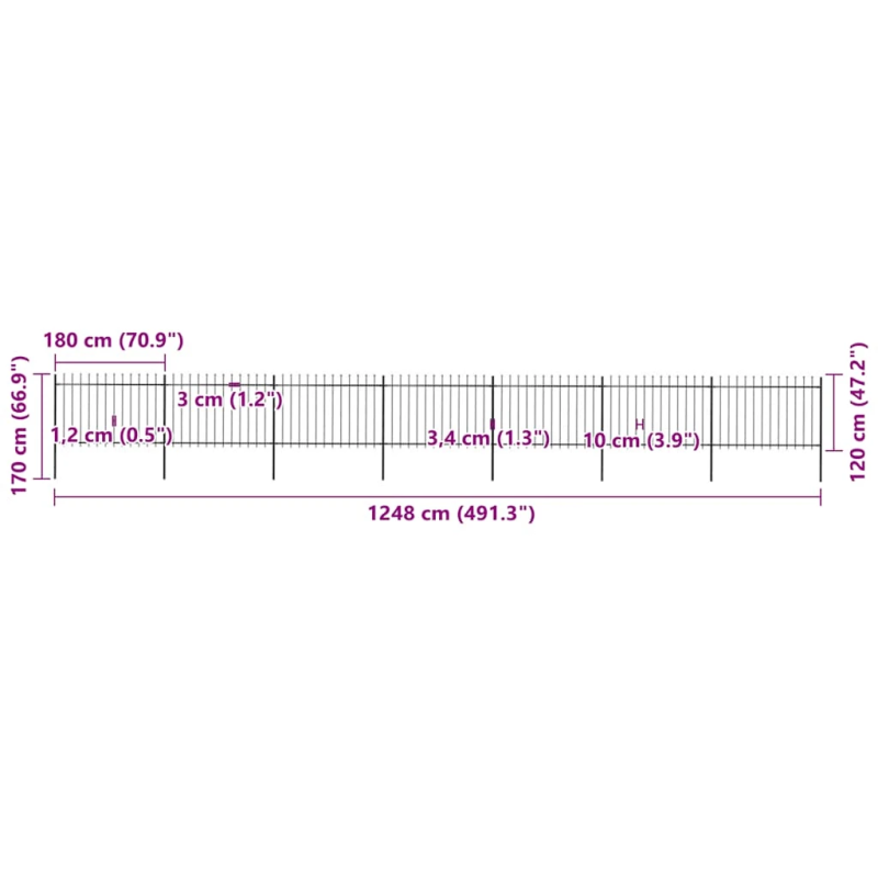 vidaXL dārza žogs ar šķēpu galiem, tērauds, 1248x120 cm, melns