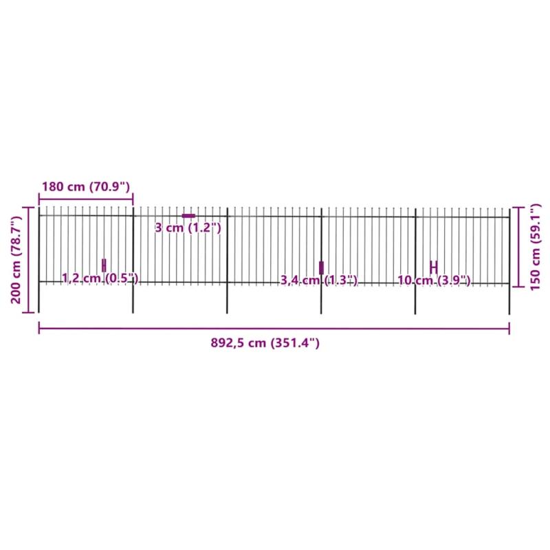 vidaXL dārza žogs ar šķēpu galiem, tērauds, 892,5x150 cm, melns