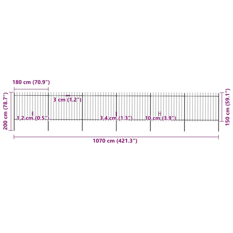 vidaXL dārza žogs ar šķēpu galiem, tērauds, 1070x150 cm, melns