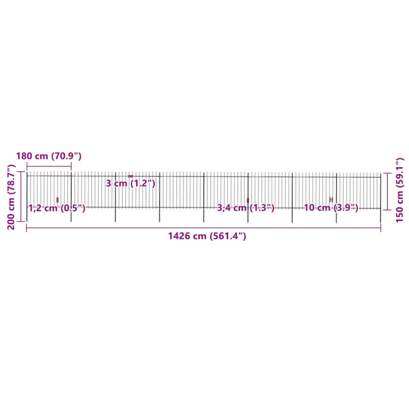 vidaXL dārza žogs ar šķēpu galiem, tērauds, 1426x150 cm, melns