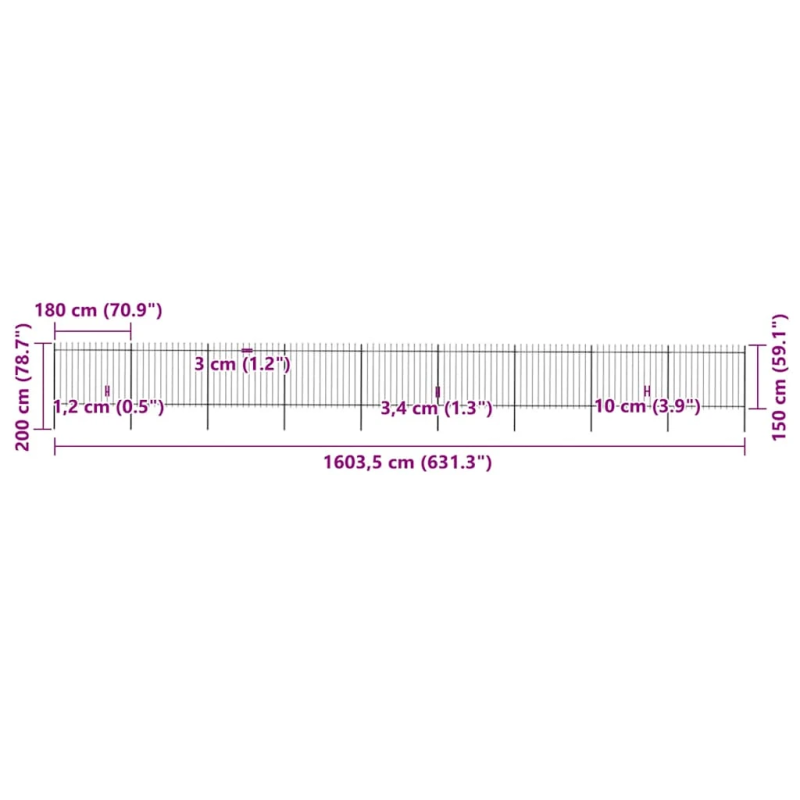 vidaXL dārza žogs ar šķēpu galiem, tērauds, 1603,5x150 cm, melns