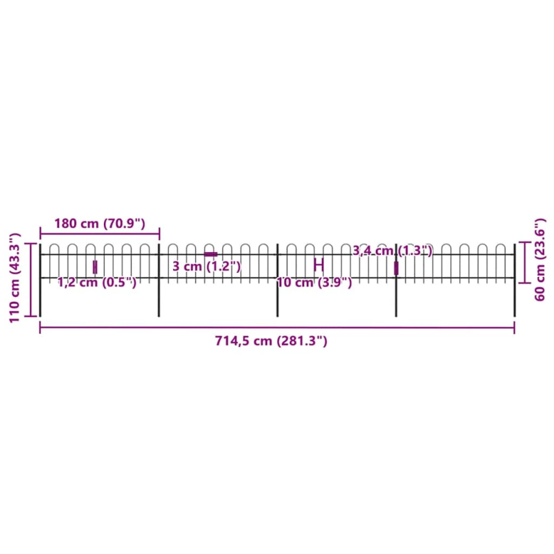 vidaXL dārza žogs ar stīpām augšpusē, tērauds, 714,5x60 cm, melns
