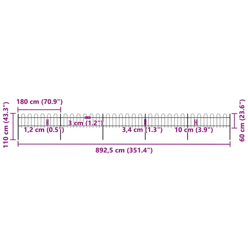 vidaXL dārza žogs ar stīpām augšpusē, tērauds, 892,5x60 cm, melns