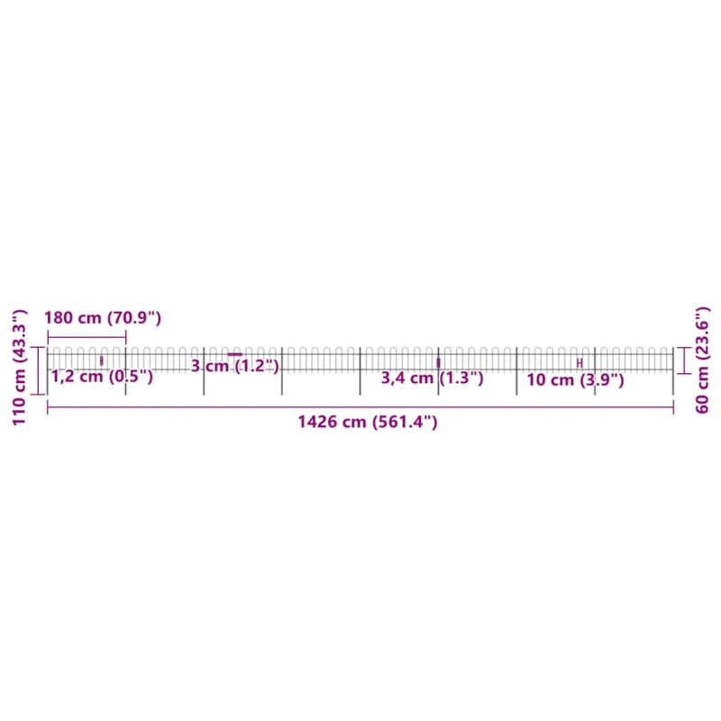 vidaXL dārza žogs ar stīpām augšpusē, tērauds, 1426x60 cm, melns