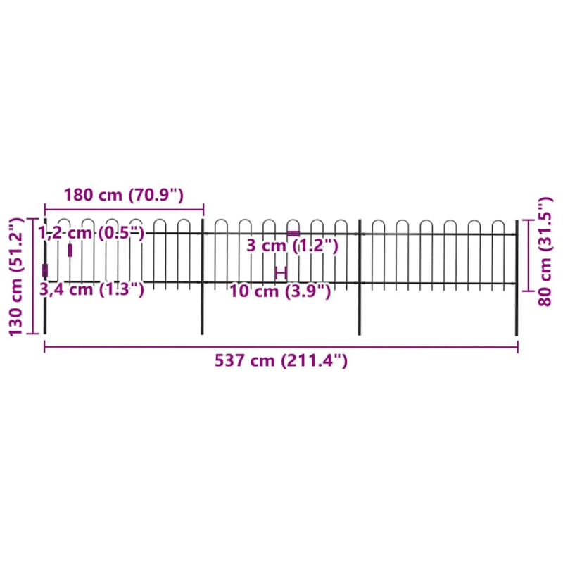 vidaXL dārza žogs ar stīpām augšpusē, tērauds, 537x80 cm, melns