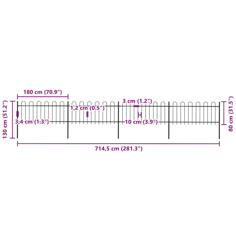 vidaXL dārza žogs ar stīpām augšpusē, tērauds, 714,5x80 cm, melns