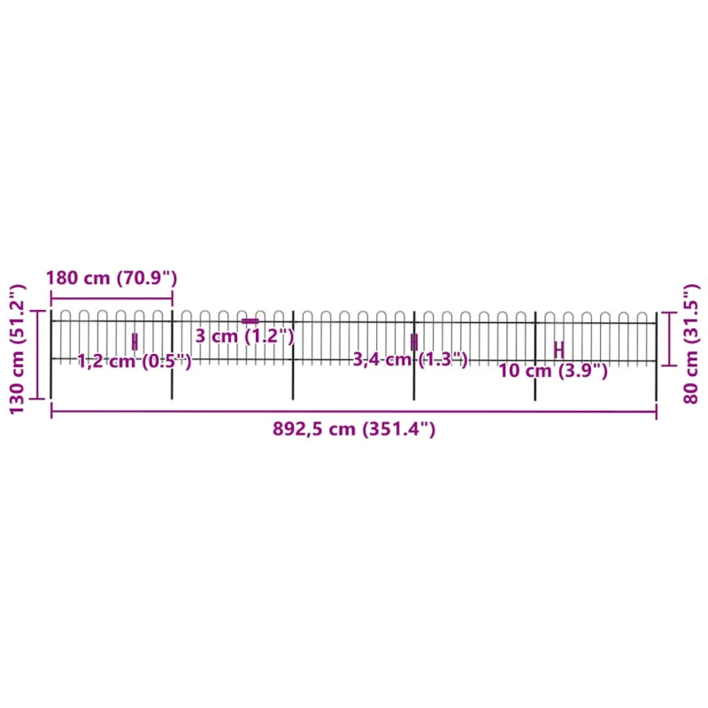 vidaXL dārza žogs ar stīpām augšpusē, tērauds, 892,5x80 cm, melns